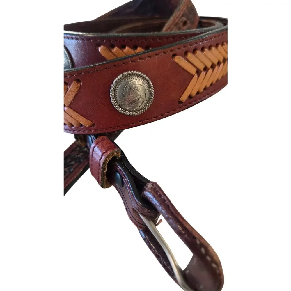 Vintage Handcrafted Western Leather Belt Mens 44 Silver Concho Tooled